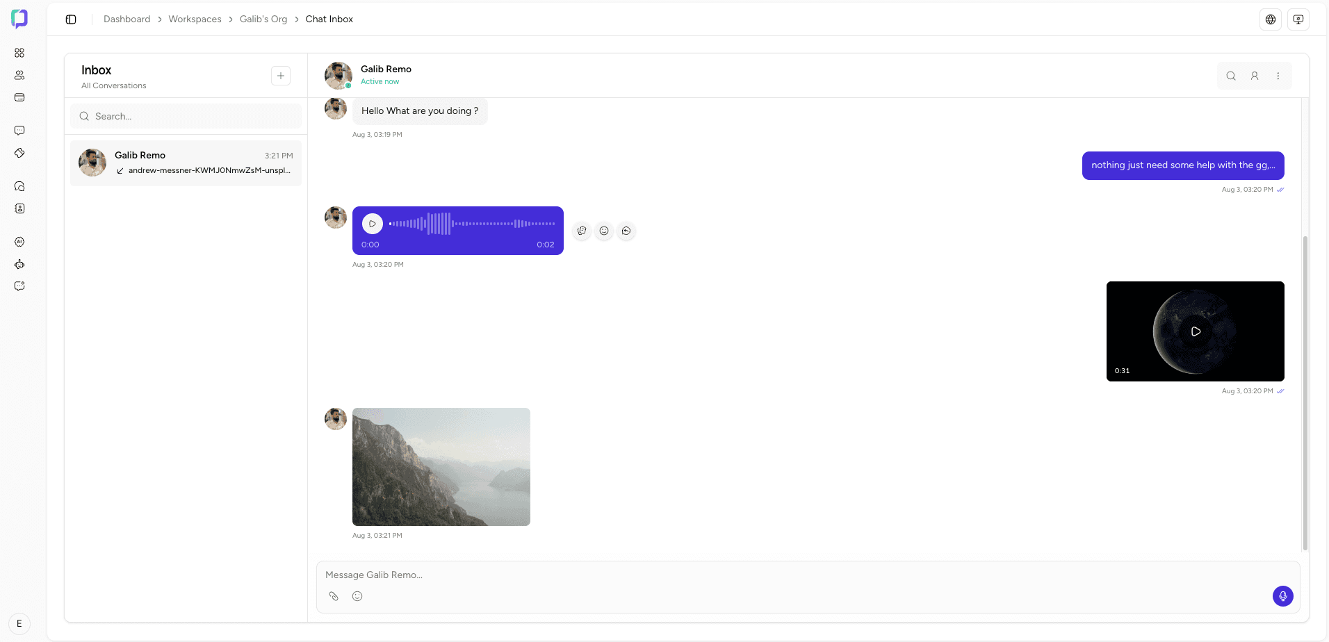 Onedesk Pro agent chat inbox with text, voice, video and image messages