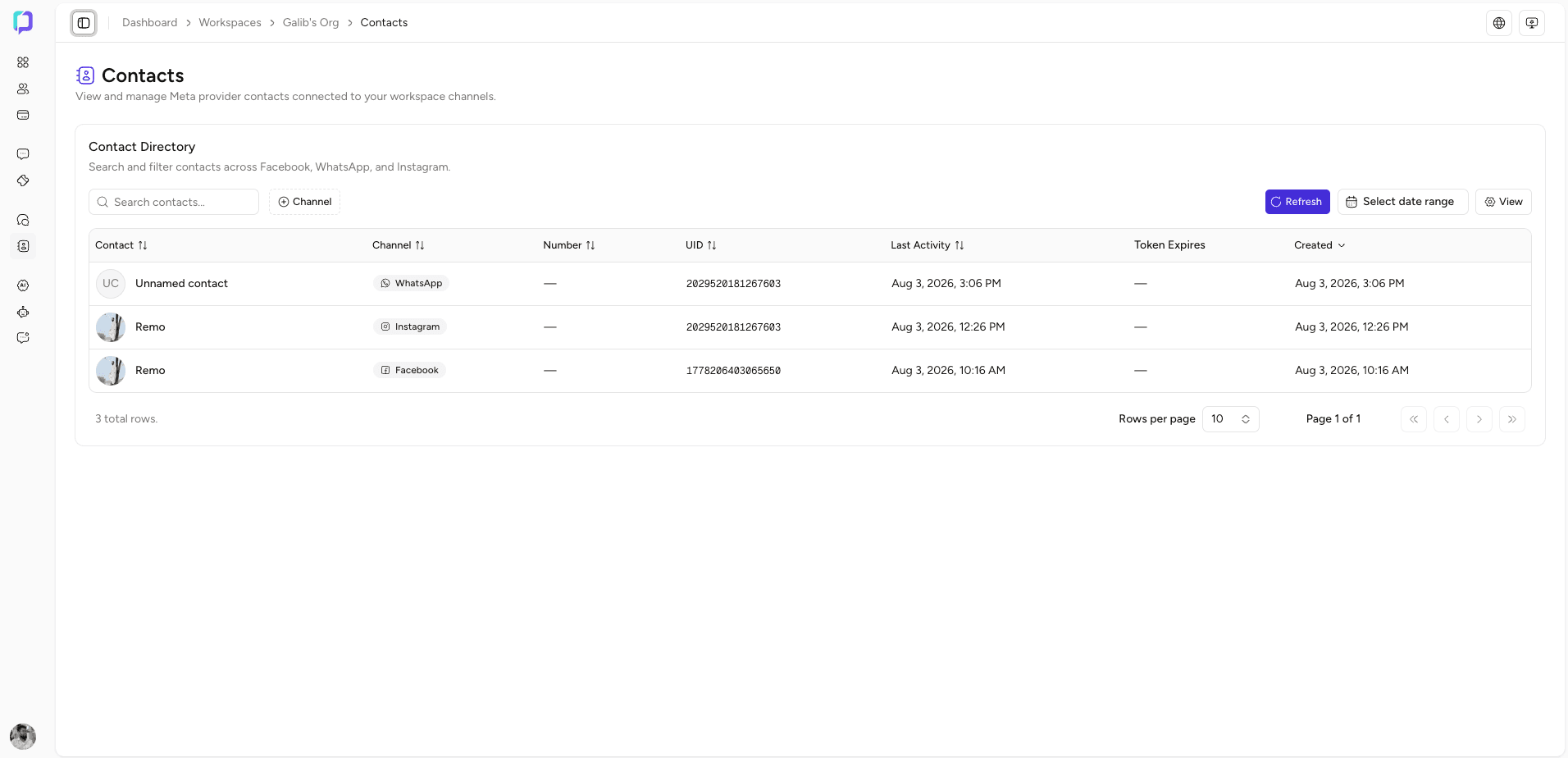 Onedesk Pro contacts directory listing WhatsApp, Instagram and Facebook contacts