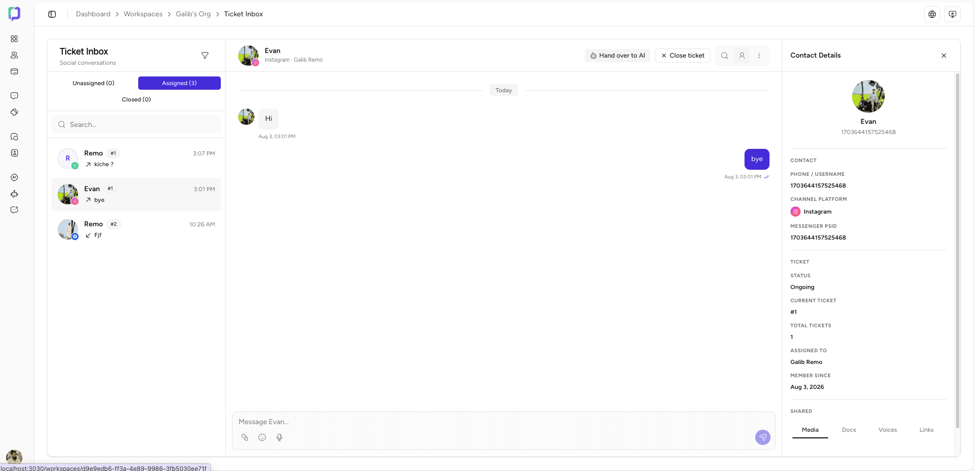 Onedesk Pro ticket inbox with assigned Instagram conversation and contact details