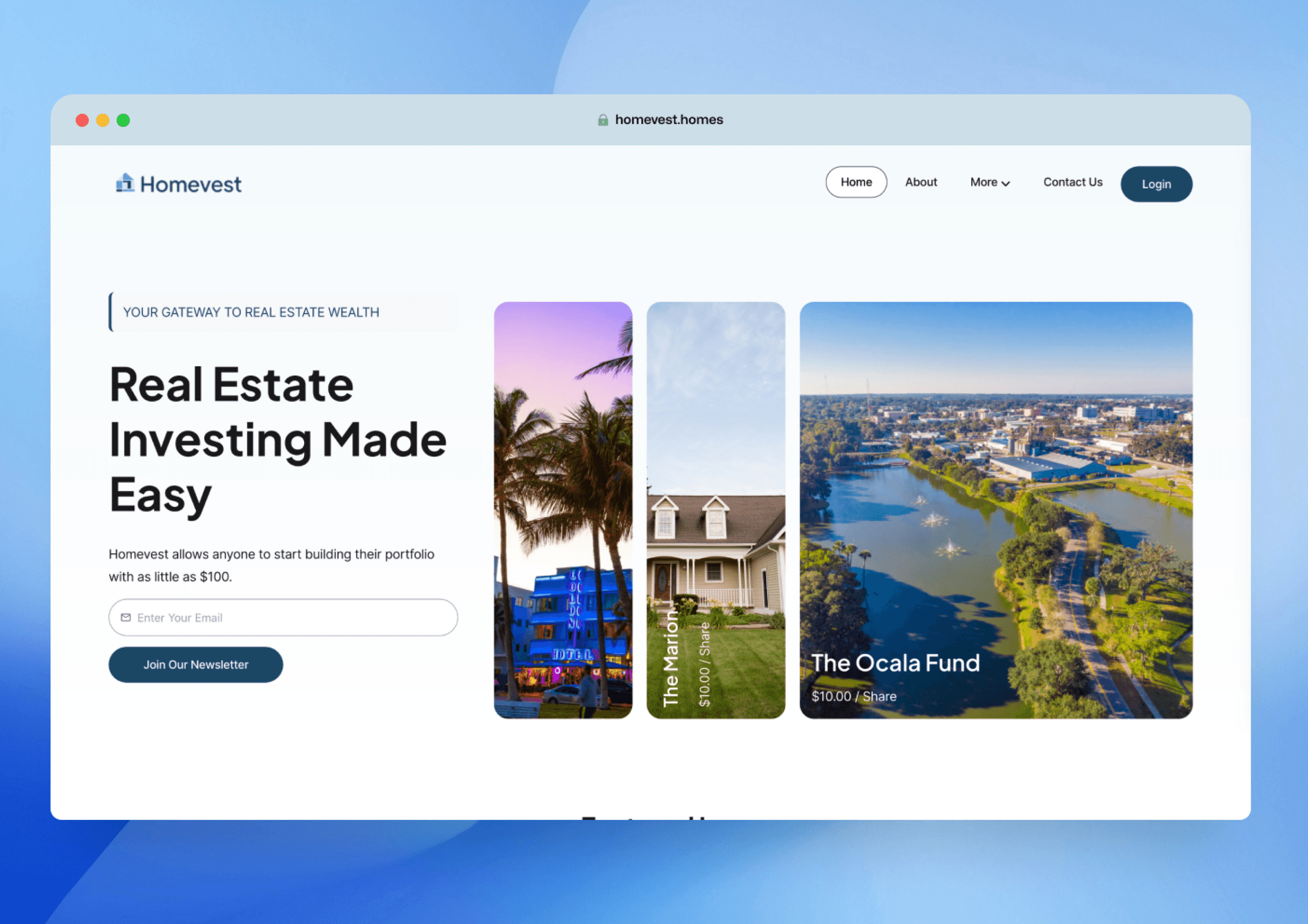The Homevest website home page, with photos of rental homes, shown in a browser window