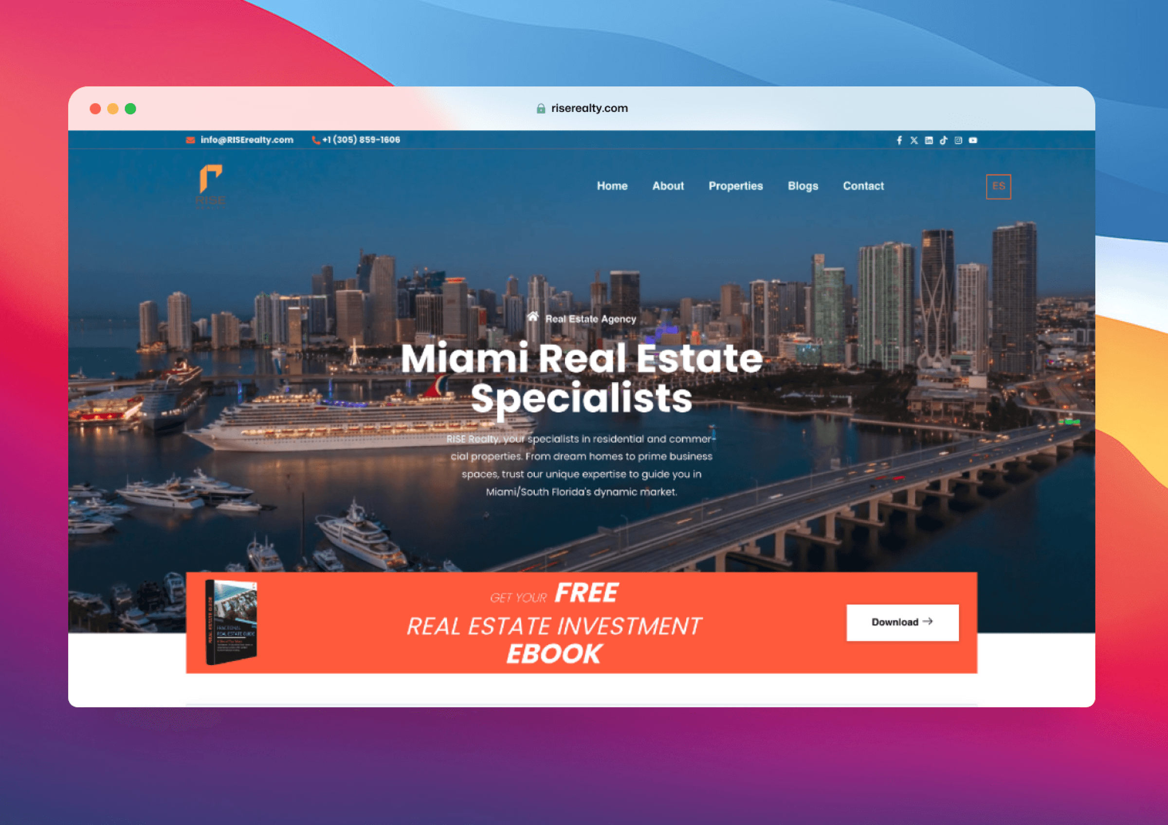 The Rise Realty website home page, with a photo of the Miami skyline, shown in a browser window